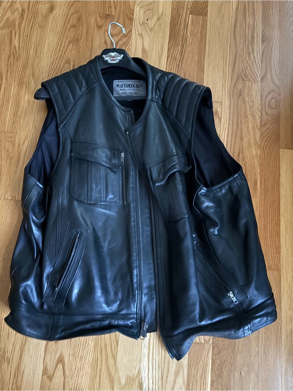 Unik Black Leather Motorcycle Vest with Quilted Shoulders
